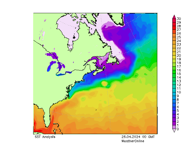 Océano Atlántico SST vie 26.04.2024 00 UTC
