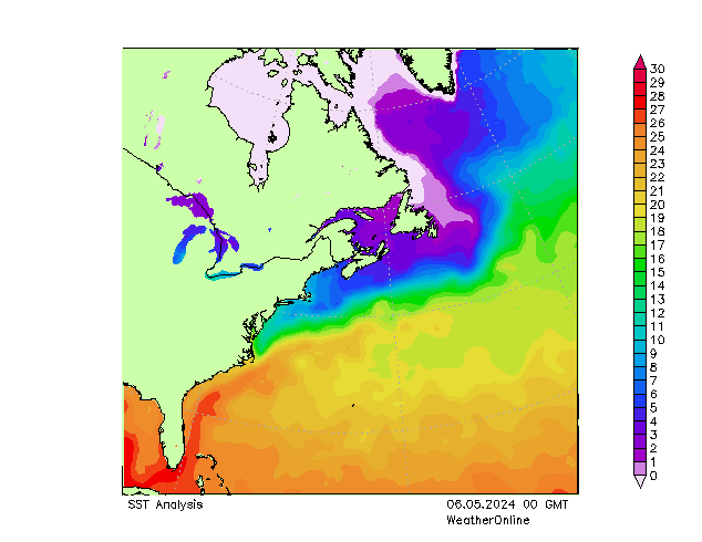 Océano Atlántico SST lun 06.05.2024 00 UTC