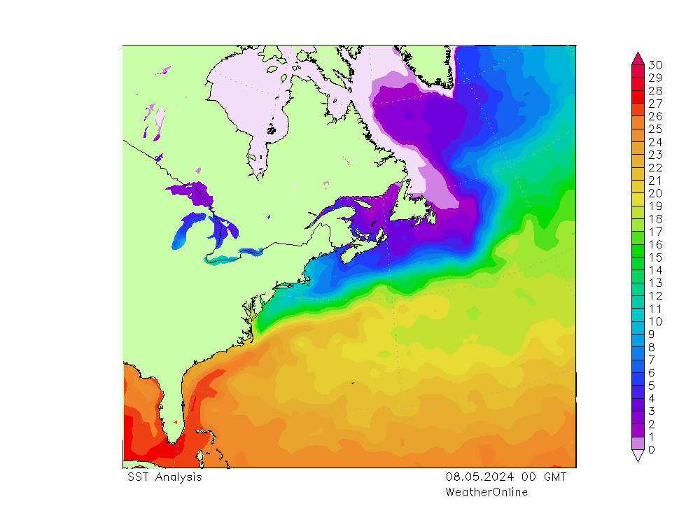 Océano Atlántico SST mié 08.05.2024 00 UTC