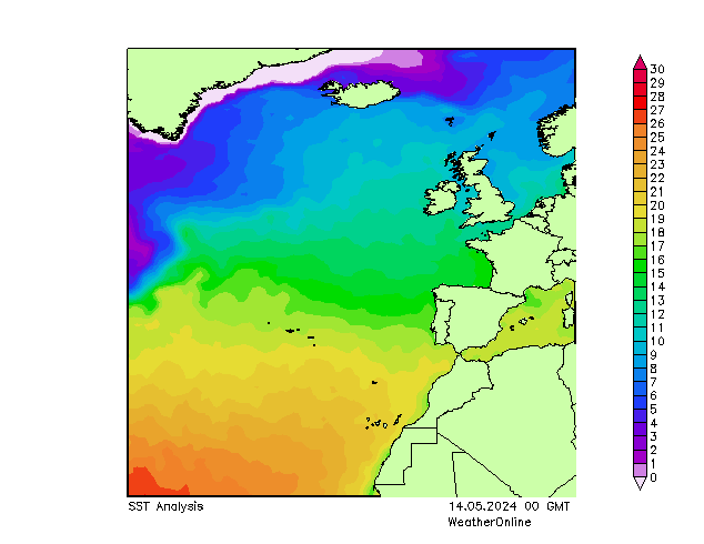Océano Atlántico SST mar 14.05.2024 00 UTC