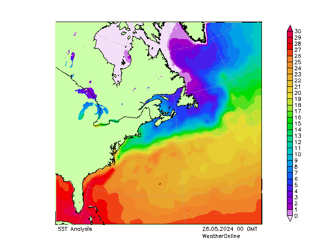 Océano Atlántico SST dom 26.05.2024 00 UTC