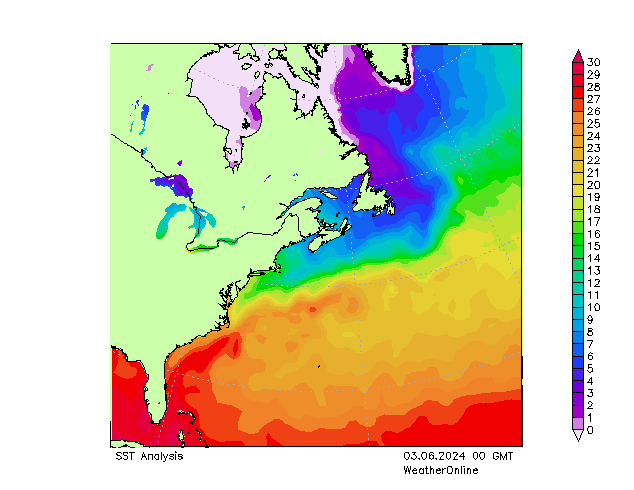 Océano Atlántico SST lun 03.06.2024 00 UTC