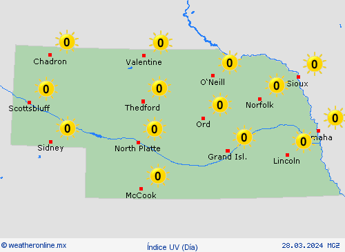 índice uv Nebraska Norteamérica Mapas de pronósticos